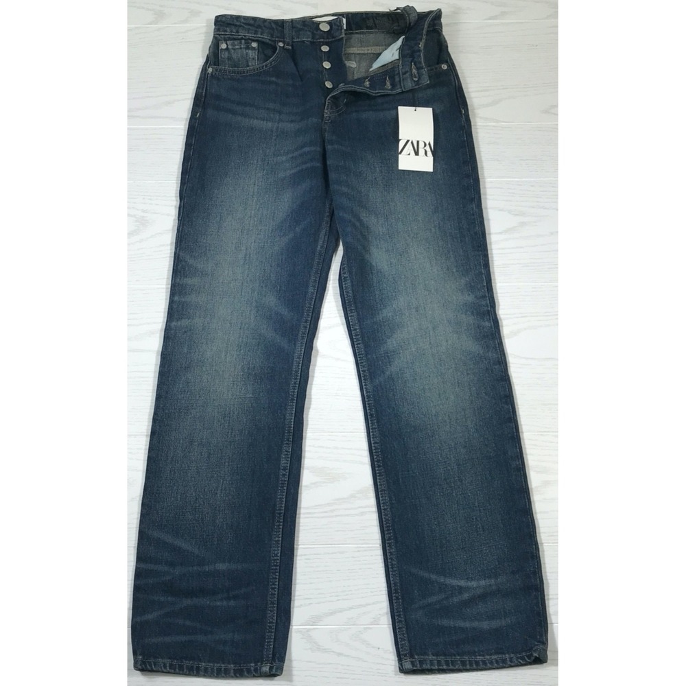 New ZARA Slim Fit Straight Leg Jeans Women's 4 Blue Cotton Mid Rise Button Fly